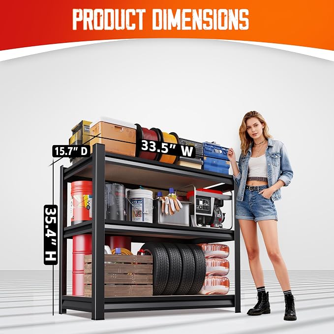 Set of 7 Garage Shelving,3 Tier Garage Storage Shelves,Adjustable Heavy Duty Metal Shelving Units and Storage Large Rack,Utility Steel Shelf For Shop Warehouse Industrial Pantry Basement 33"x35"x16"