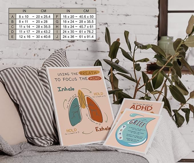 LOLUIS Mental Health Poster, Boho Therapy Tools Educational Supplies Art Print Classroom School Office Decor (Using The Breath, Custom Frame Type)