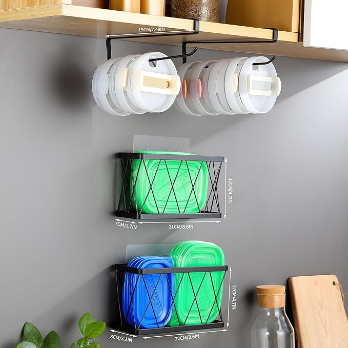 YIGII Adhesive Cabinet Door Organizer, Wall Mount Lid Organizer for Tupperware Storage, Cabinet Door Storage with Tumbler Lid Hook for Kitchen, Pantry, Under Sink, Matte Black