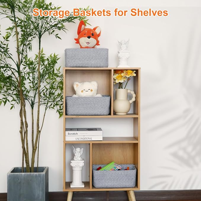 Small Storage Baskets for Organizing, Woven Storage Bins for Shelves, Gift Basket Empty, Cute Decorative Closet Organizer, Baby Rope Basket, Dog Toy Storage, 13.2x8.2x5.2”, 3Packs Mixed Gray