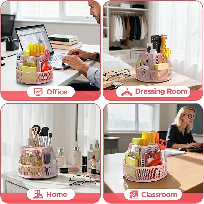 Docnest 360°Rotating Mesh Desk Organizer,6-Compartment Pen Holder,Pink | Heavy-duty metal holder with removable divider. Space-saving stationery storage for pencils, scissors & markers