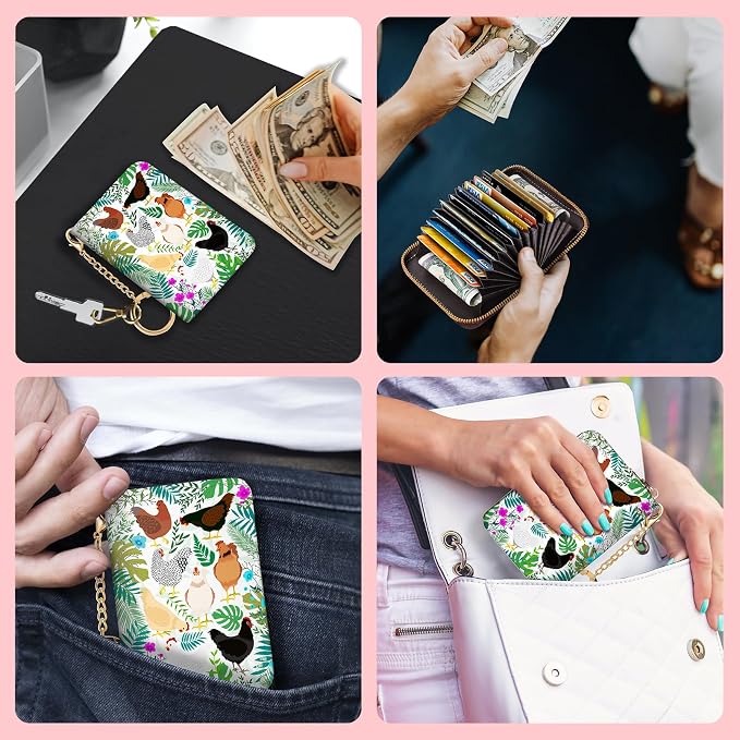 Blusabaca Women's RFID Wallet, Chicken Small, Leather, Waterproof, RFID-Blocking, 12 Card Slots, 2 Coins | Removable Keychain, Case with Zipper, Vegan PU Leather, Cash Coin Pocket, Business Accordion Purse, Ladies Female Gift