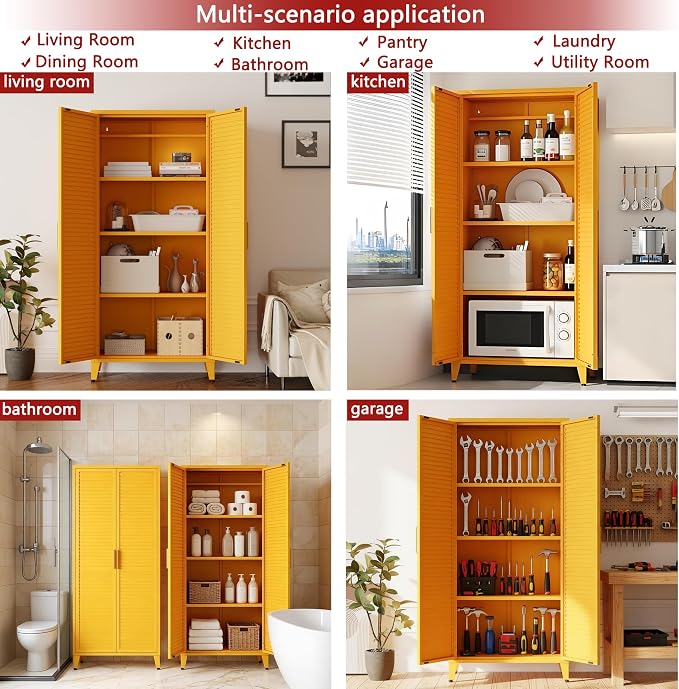 Yellow Metal Storage Cabinet, 4-Tier Tall Cabinet with Adjustable Shelves and Hanging Rod, Louvered Door Freestanding Lockers for Home, Living Room, Kitchen, Bedroom,garage 61" H X 27.6" W X 13.8" D