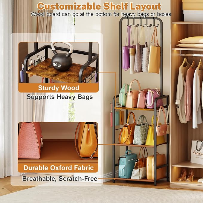 4-Tier Purse Organizer for Closet with 5 Purse Hanger, Tall & Vintage Purse Rack Stand for Purse Storage with 6 Side Hooks, Adjustable Handbag Organizer, Purse Storage Organizer for Small Place