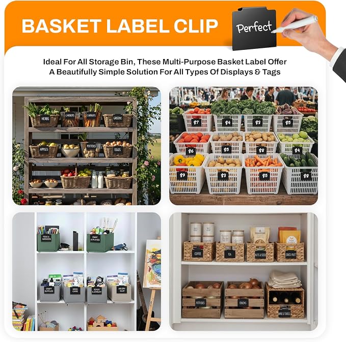 20 Pcs Basket Labels Clip on for Pantry Organization and Storage bin Labels with 2 Markers and 2 Wipe Cloths Reusable Chalk Basket Labels - Black Bin Labels Clip on Chalkboard Basket Tags