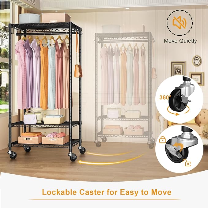 FUTASSI Rolling Clothes Rack, Clothing Racks for Hanging Clothes, Black | P6 Medium Heavy Duty Garment Rack with Wheels, Freestanding Portable Closet Rack with Shelves, 30 In Wide, Max Load 370 LBS