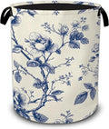 Vintage Blue Flowers Laundry Basket,Botanical Floral Foldable Oxford Laundry Hamper with Handles,Portable Clothes Tote Bag Clothes Storage Bucket Organizer For Bathroom/Laundry Storage/Bedroom