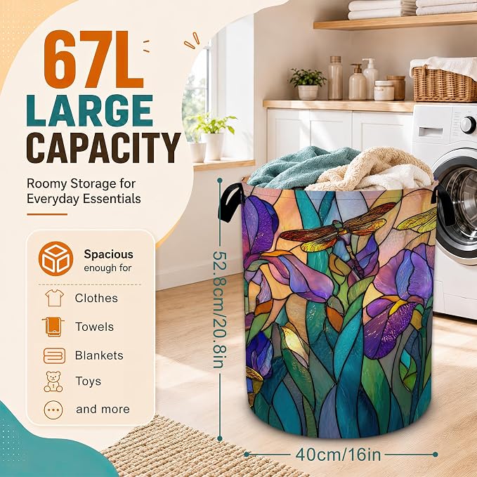 Tulip Dragonfly Glass Laundry Basket,Foldable Oxford Laundry Hamper with Handles,Portable Clothes Tote Bag Clothes Storage Bucket Organizer 20.8" x16" For Bathroom/Laundry Storage/Bedroom