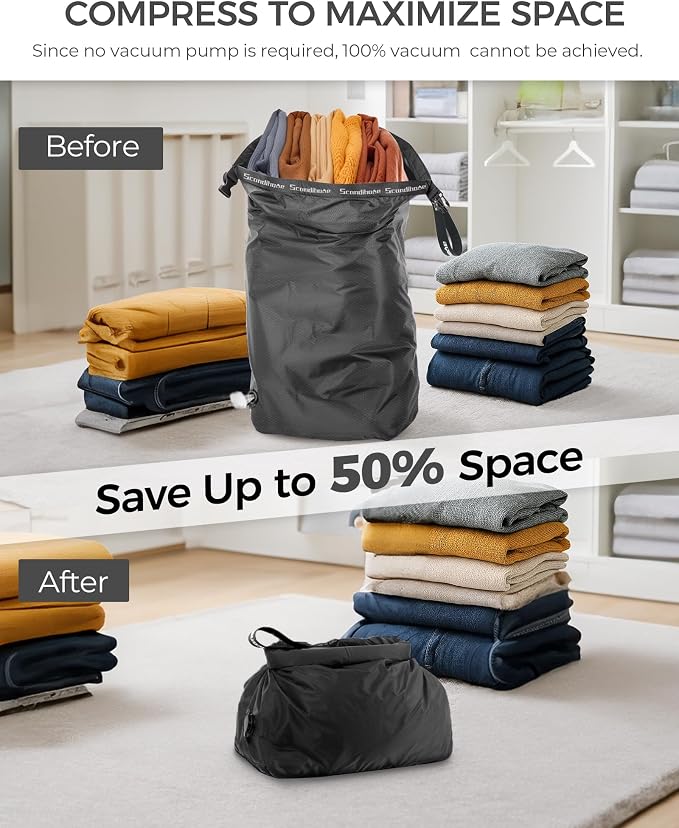 Travel Laundry Bag, Pump-Free Vacuum Compression Dirty Clothes Bag, Reusable Waterproof & Washable Laundry Bag, Wet and Dry Bag, Ideal for Suitcases, Road Trip Essentials (2 Pcs, L+L) Black