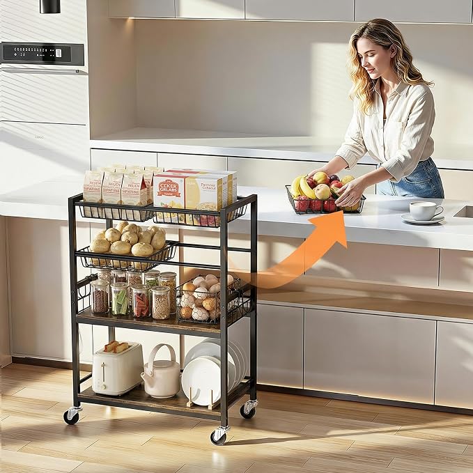 Fruit Vegetable Storage Cart, 4 Detachable Basket | 4-Tier Kitchen Rolling Storage Cart, Fruit & Vegetables Stand, Snack Organizer for Kitchen, Bathroom, Living Room