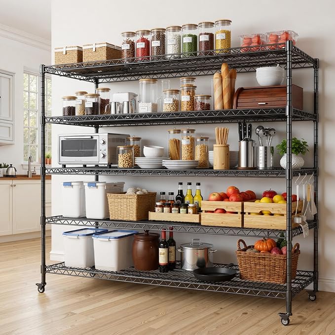 AIRAJ 36”W Wire Shelving with Wheels | 5 Tier Storage Shelves | Rolling Wire Rack Adjustable Layer Height | 1750 LBS Metal Shelving | Garage Shelving Units and Storage | | Indoor/Out | 36”W×14”D×73”H