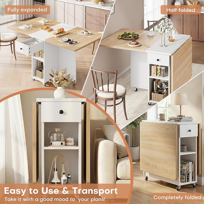 Jocoevol Folding Dining Table for Small Spaces, Foldable Kitchen Table with Drawer, 2-Tier Storage Shelf & Wheels, Space Saving Dining Table for 2 4, Farmhouse, Natural