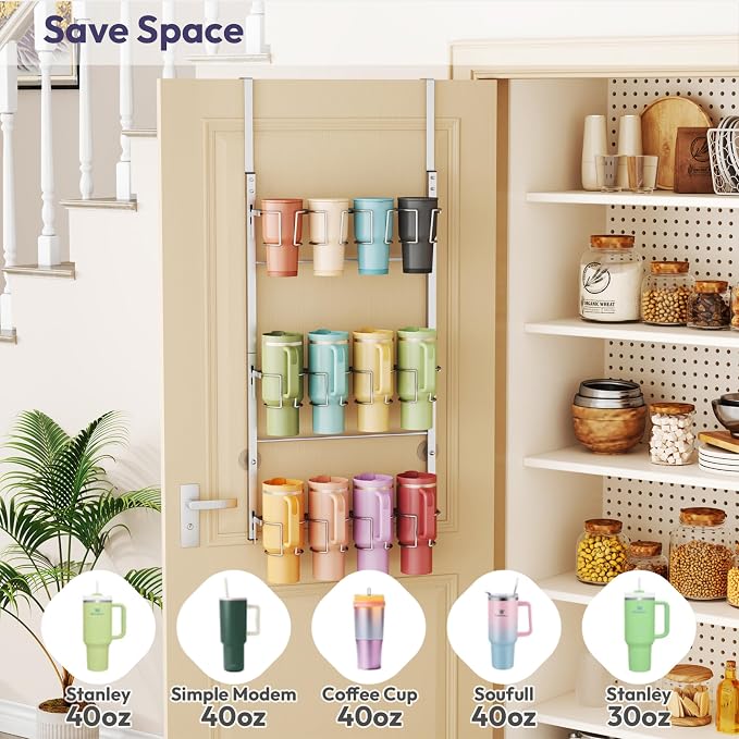SWTYMIKI 3-Tier Water Bottle Organizer – Over the Door Stanley Cup Holder, Cup Organizer for Door or Wall Mount Option, Stanley Accessories for Pantry, Dorm, Office, RV Use, Silver