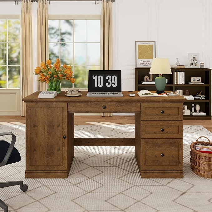 blini Large Farmhouse Executive Desk with Drawers，Wood Computer Desk，Embossed Texture Home Office Desk with File Cabinet Storage, Cable Management, Keyboard Tray，Working Table for Work Study Writing