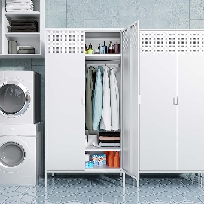 Washsemba Metal Storage Cabinets Locker with Hanging Rod and Adjustable Shelves, 71'' Clothing Steel Storage Wardrobe for Home & Office, School, Employee,Gym(White, 71''H-Wardrobe)