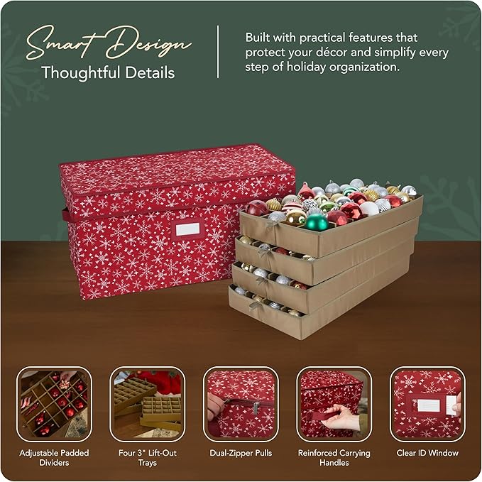 Covermates Keepsakes Adjustable Ornament Storage Box – Heavy-Duty Polyester, Padded Dividers & FlexGrid Trays – Protective Holiday Organizer with Stackable Walls & Label Window, Red Snowflake