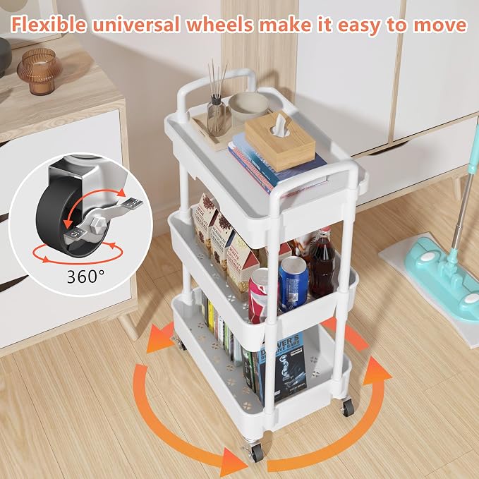 Calmootey 3-Tier Rolling Utility Cart with Drawer,Multifunctional Storage Organizer with Plastic Shelf & Metal Wheels,Storage Cart for Kitchen,Bathroom,Living Room,Office,White | Space-Saving Organizer, Sturdy Plastic Shelves, Smooth-Rolling Metal Whee...