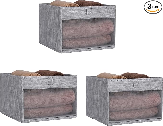 WUIKE Closet Storage Bins with Clear Window, Fabric Organizer Baskets with Handles, Foldable Linen Closet Organizers and Storage for Shelves, Light Gray, 11" L x 11" W x 8" H, 3 Pack