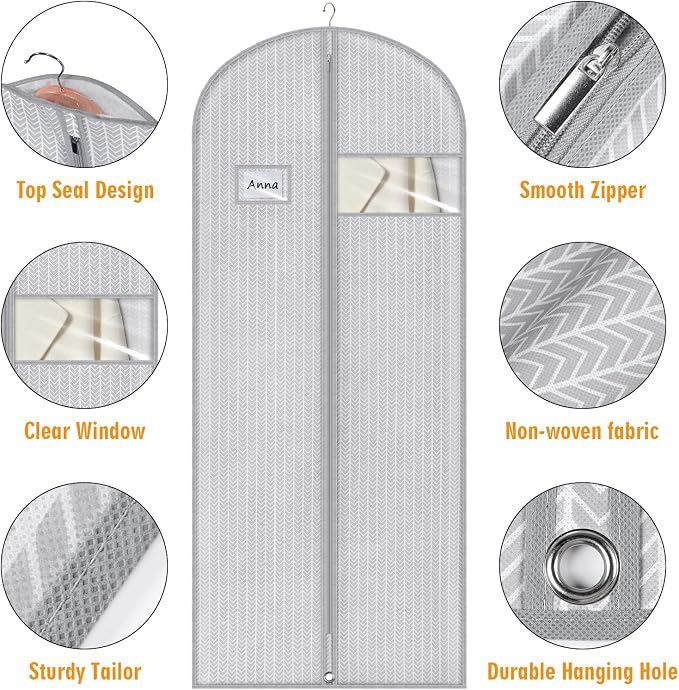 Syeeiex 60'' Dress Bags for Gowns, Set of 4 Garment Bag for Hanging Clothes, Dress Garment Bag, Dustproof and Keep Closet Tidy, Perfect for Suit Evening Dresses Fur Coat Long Dress Gown(Grey Arrow)