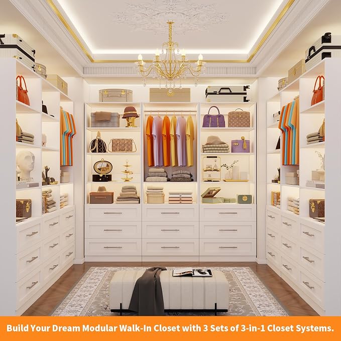 Closet System with 3 Sets, 6–15 FT Closet System with 9 Drawers, 9 Shelves & 4 Adjustable Hanging Rods, Max 189.3" Closet Organizer Systems for Walk-in Closets, Modular Custom Closet Tower, White