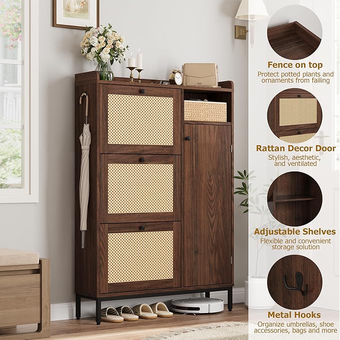 GarveeHome Shoe Cabinet Rattan with 3 Flip Drawers and 4-Tier Shoe Storage Cabinet, Freestanding Shoe Organizer with Adjustable Shelves for Entryway, Closet, Hallway