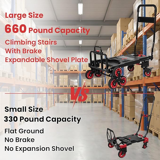 Upgraded 3 in 1 Convertible Folding Hand Truck with Brakes, Hand Truck Dolly Heavy Duty 660lbs Capacity, Stair Climbing Cart with Adjustable Shovel Board and Fixed Handle for Moving