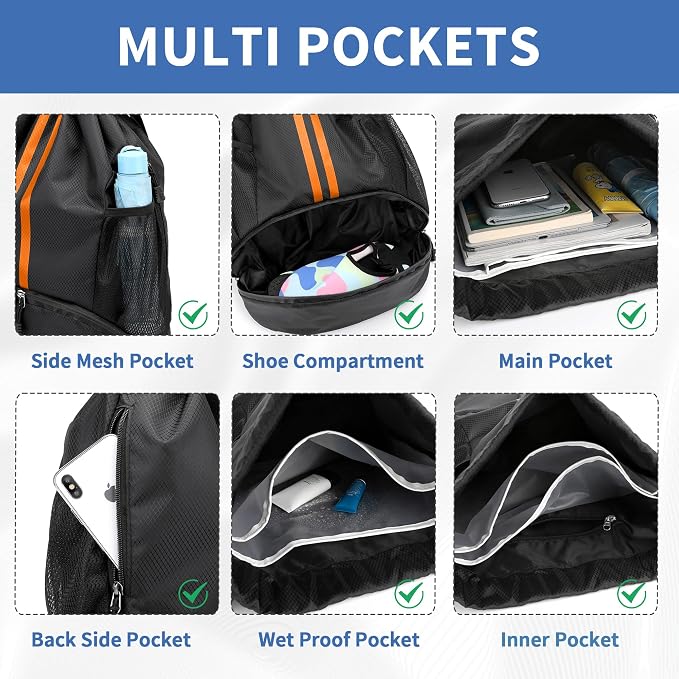 JELUTAR Drawstring Backpack Gym Bag with Shoes Pocket, Black Orange | Water-Resistant String Backpack for Soccer, Basketball, Swim, Beach Cinch for Women Men, 22 L Large Capacity, Wet Pocket