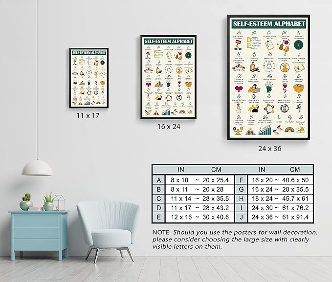 LOLUIS Mental Health Poster, Therapy Educational Supplies Art Print Classroom School Office Decor (Self Esteem Coping Skills Alphabet, Custom Frame Type)