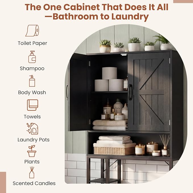 31" Over The Toilet Storage Cabinet with Barn Door,Bathroom Organizers and Storage with Adjustable Shelves, Farmhouse Over Toilet Organizer for Bathroom,Restroom,Laundry,Black