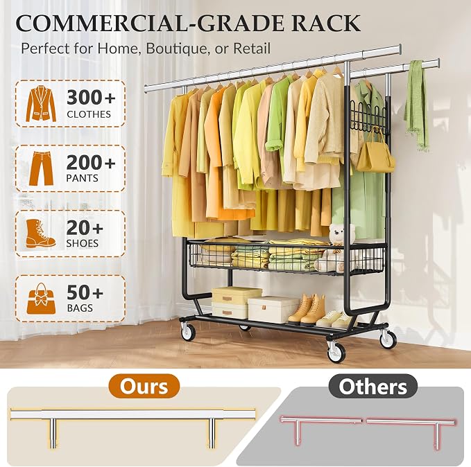Gewudraw Clothes Rack Heavy Duty Load 1060 LBS With Wheels,Commercial,Black | Double Rod Rolling Clothing Rack,Extendable,Basket, Shelf, Hooks,Garment Rack for Bedroom, Laundry Room & Retail Store
