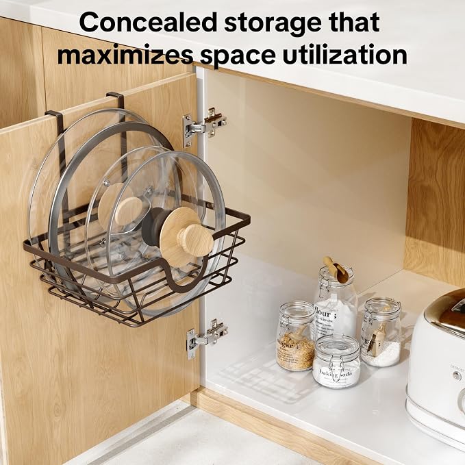 TIDIIABODE Pot Lid Organizer, Adjustable Kitchen Pot Lid Holder Inside Cabinet, Kitchen Cabinet Organizer Hanging for Food Storage Container, Pot, Pan Lid & Bakeware, Bronze