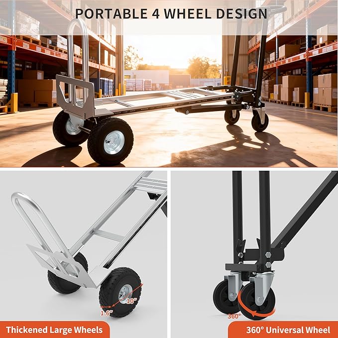 3in1 Convertible Hand Truck Dolly Cart, 880 lb Aluminum Hand Trucks Heavy Duty Furniture Appliance Dolly W/10 Wheels,Utility Cart for Transport & Moving Office, Home & Warehouse Use (Silver Black)