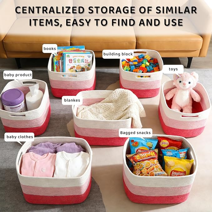 4 Pack Storage Baskets for Organizing, 11''Lx9''Wx8''H Woven Baskets for Storage Toys, Towels, Books, and Clothes, Cotton Rope Basket for Shelves with Handle White & Brown