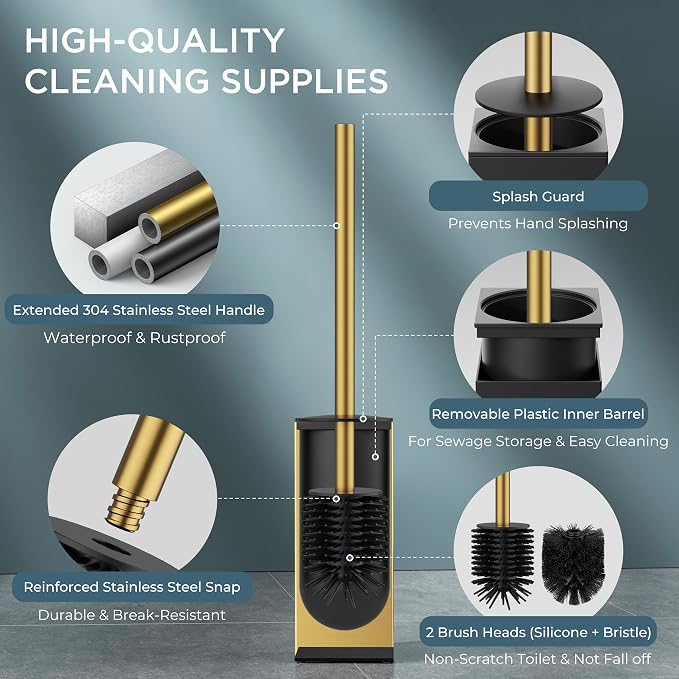 FORIOUS Toilet Brush and Holder,2 Toilet Bowl Brush Head Square Medium Gold | Heavy Duty 304 Stainless Steel Base, Silicone and Plastic Brush Heads, Long Handle for Deep Cleaning, Drip-Proof