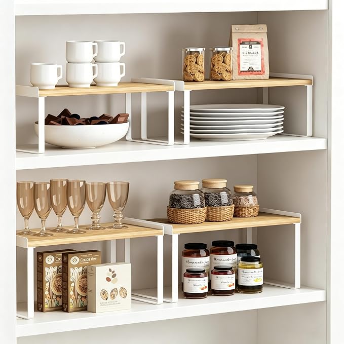Goozii 4 Pack Stackable Cabinet Shelves Organizer, Shelf Rack with Anti-Fall Lips for Kitchen Pantry Coffee Bar Countertop Storage (Bamboo White)