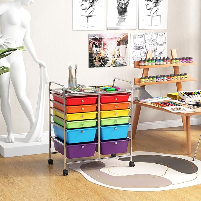 GOFLAME 12-Drawer Rolling Storage Cart, Multipurpose Organizer Cart with 2 Sizes Plastic Drawers, Mobile Utility Cart with Lockable Casters for School, Home Office, Beauty Salon, Multicolored