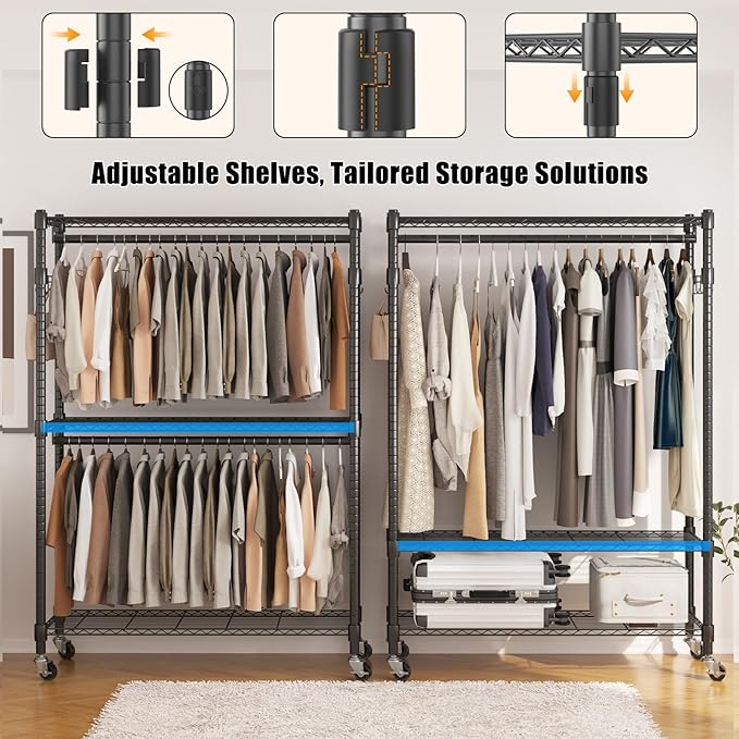BATHWA Rolling Tall Garment Rack with 2 Rods & 3-Tier Adjustable Shelves, 35.5" W x 16.5" D x 80.7" H, Heavy Duty Clothes Hanging Racks Portable Wardrobe Closet Organizer for Bedroom, Laundry, Black