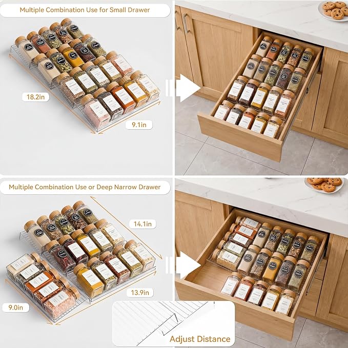 LETGO 4 Pack Adjustable Spice Rack for Drawer - 9" to 17.7" Expandable Spice Drawer Organizer 4 Tier Acrylic Seasoning Organizer Rack,Clear Spice Rack Tray for Spices,Condiment,Nail Polish and Jar (4)