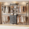 ONBRILL T3 Wall Mounted Industrial Pipe Closet Organizers Storage System | Metal Clothing Rack with 2 Drawers, 6 Wooden Shelves & 4 Expandable Rods, Heavy Duty Garment Rack, Wardrobe (Grey)