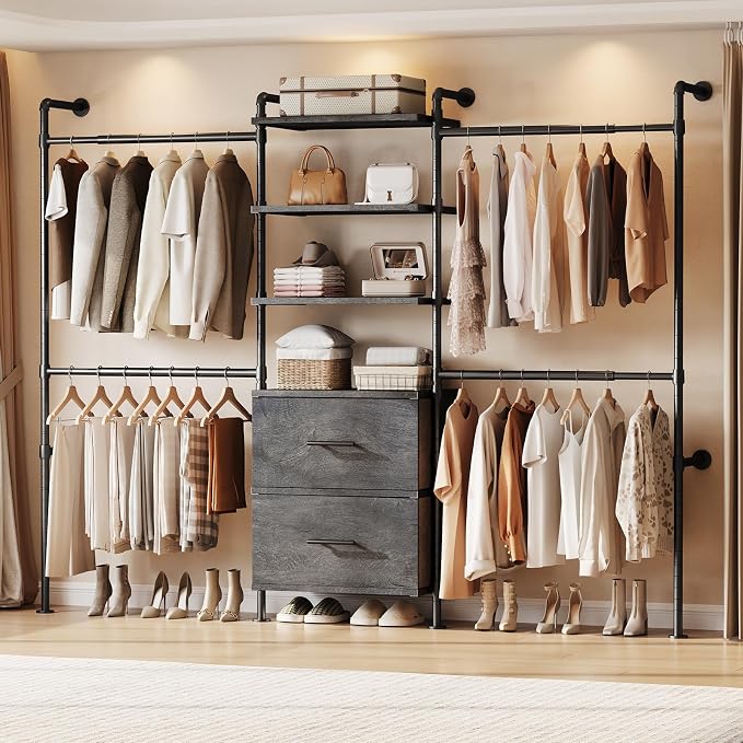 ONBRILL T3 Wall Mounted Industrial Pipe Closet Organizers Storage System | Metal Clothing Rack with 2 Drawers, 6 Wooden Shelves & 4 Expandable Rods, Heavy Duty Garment Rack, Wardrobe (Grey)