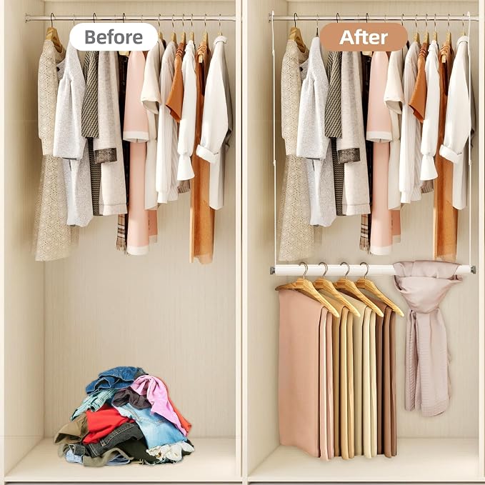 STORAGE MANIAC Adjustable Closet Rod for Hanging Clothes, 2 Pack White | Expandable 17.9"-29.7" Heavy-Duty Metal Closet Hanging Rod with 9 Height Adjustments, Space-Saving Double Closet Organizer