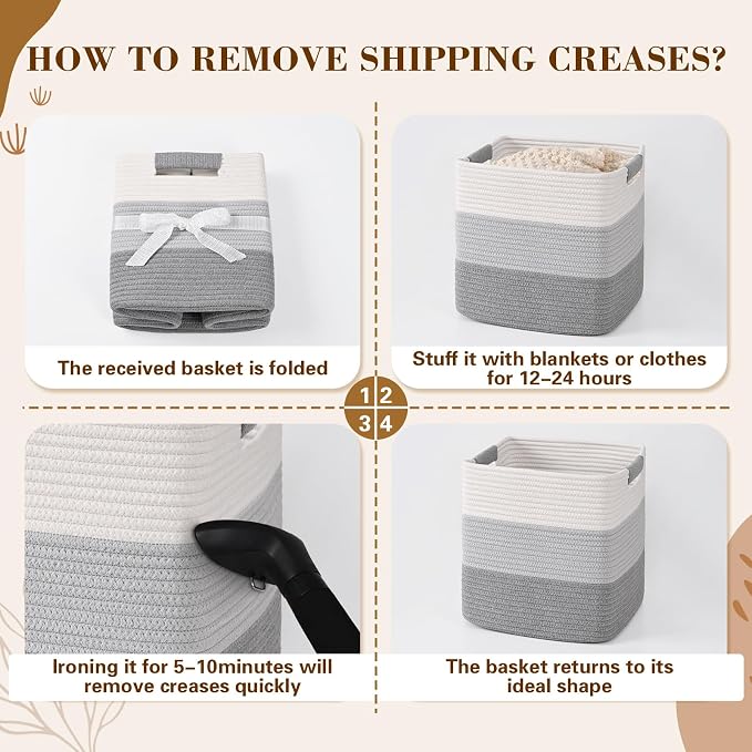 12 Inch Storage Cubes, 3 Pack Cube Storage Bins for Organizing, Cotton Rope Woven Baskets for Shelves, Bathroom, Kids Room, Closets, Baby Nursery