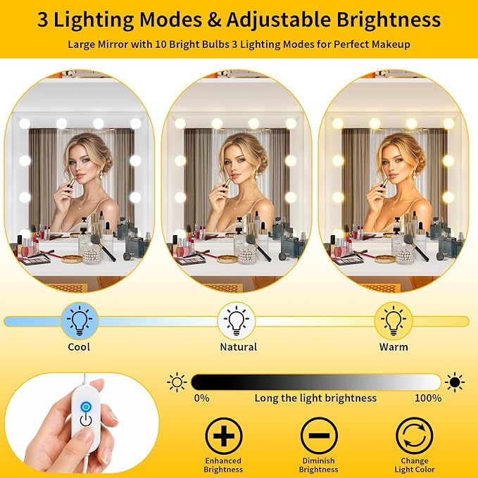 Closet System with 3 Drawers, Mirror with Lights,2 Shelves,4 Rods, 2FT–9FT | Custom Modular Organizer, Built-In LED Mirror, 3 Light Modes,4 Adjustable Rods, Freestanding, White