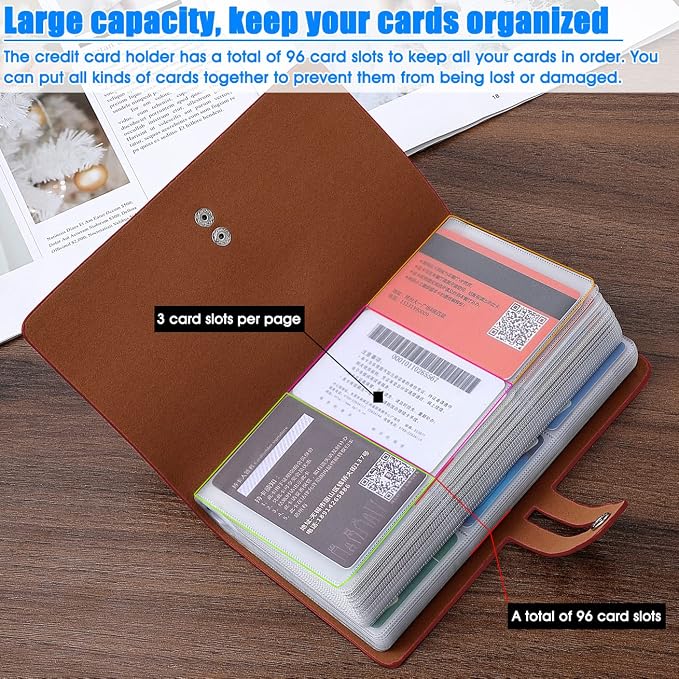 RFID Credit Card Holder, Leather Business Card Organizer with 96 Card Slots, Credit Card Case for Managing Your Different Cards and Important Documents to Prevent Loss or Damage (Dark Red)