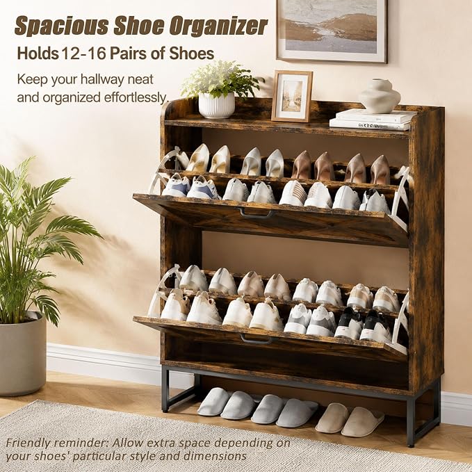 Nicetree Shoe Cabinet Storage for Entryway, Slim Shoe Storage Cabinet with 2 Flip Drawers, Narrow Vertical Shoe Rack Cabinet with Metal Hooks, Small Space Solution for Hallway, Rustic Brown