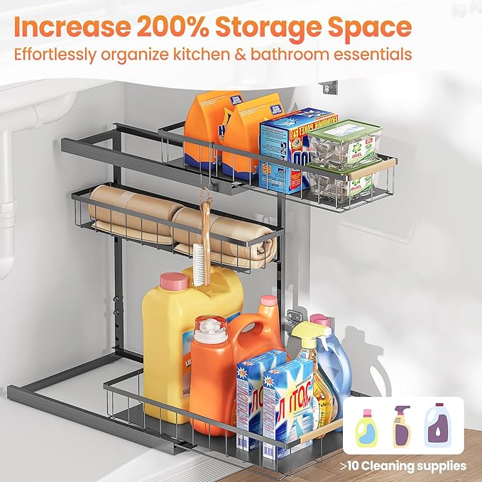 Under Sink Organizer and Storage for Bathroom and Kitchen - 1 Pack 3 Tier Under Cabinet Pull Out Shelf Organizers - Slide Out Drawer Organization for Home Cabinets Shelves and Drawers
