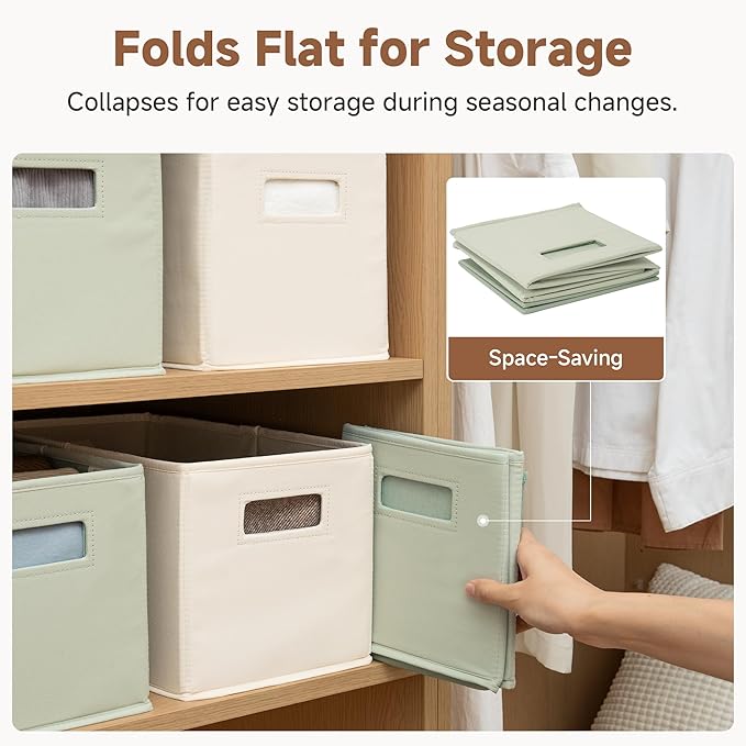 StorageWorks Fabric Storage Bins for Shelves, Closet Organizers and Storage Baskets, Collapsible Storage Bins with Cutout Handles, Medium, 4-Pack, Ivory and Light Green