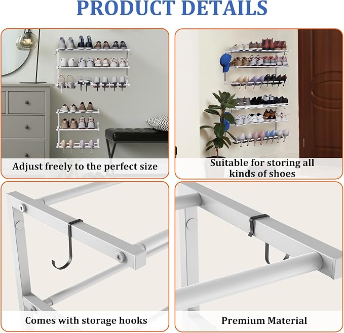 2 Pack Wall Mounted Shoe Rack, 3 Tier Hanging Shoe Rack Holds 24 Pairs, 17"-30"Adjustable Heavy Duty Metal Shoe Organizer Holder with 4 Storage Hooks, Space Saving for Closet Entryway Doorway（White)