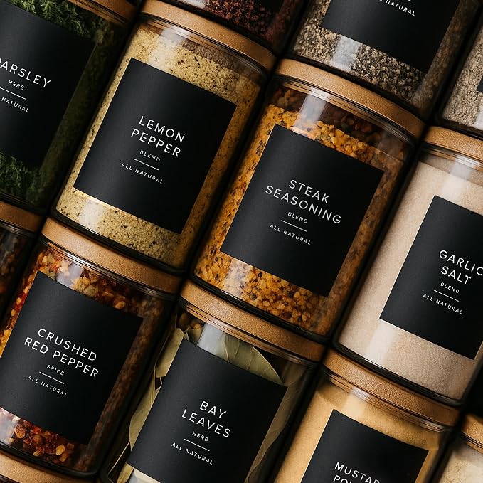 230 Black Spice Labels by ThreeKin | Waterproof & Oil-Resistant Pre-Printed Stickers for Spice Jars | Durable, BPA-Free Seasoning Labels | Easy-Clean, No-Residue Design | Proudly Female & USA Owned
