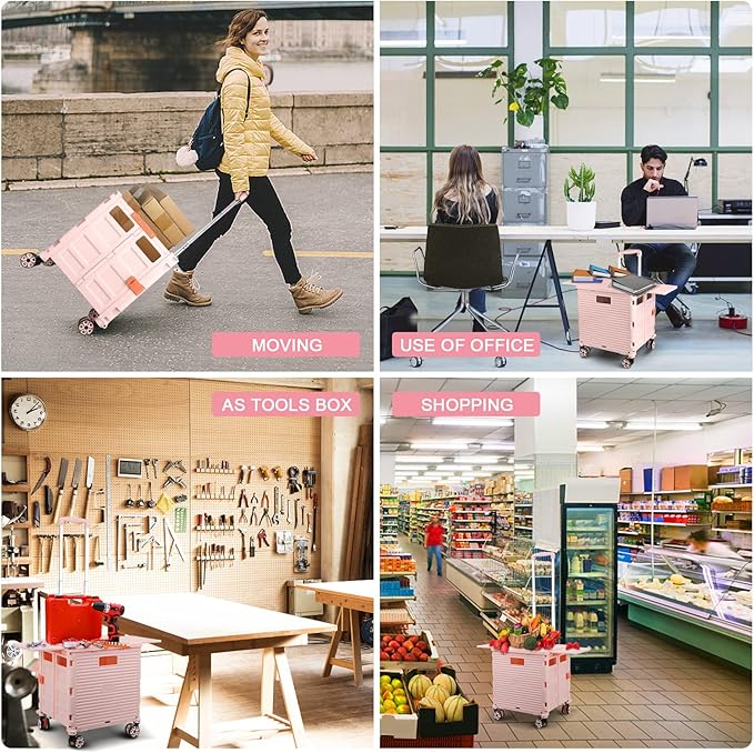 FELICON SELORSS Folding Utility Cart Portable Rolling Crate Handcart with Magnetic Sliding Lid Telescoping Handle Plastic Box Dolly 360°Swivel Wheels for Travel Shop Move Office Teacher Use(Pink Pro)